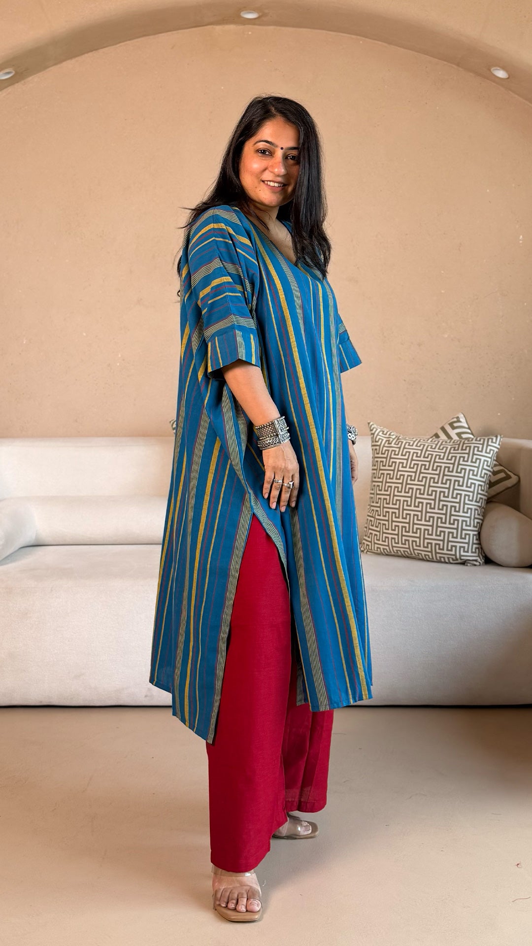Anoli Stripes Kaftan Co-ord In Handwoven Cotton - Blue