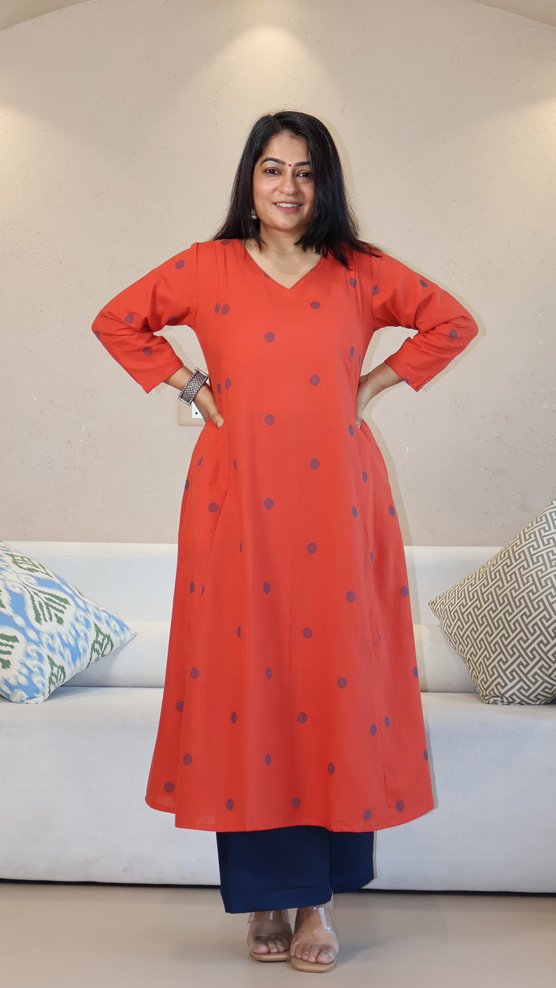 Orange Dots Motif Handwoven Cotton Kurta