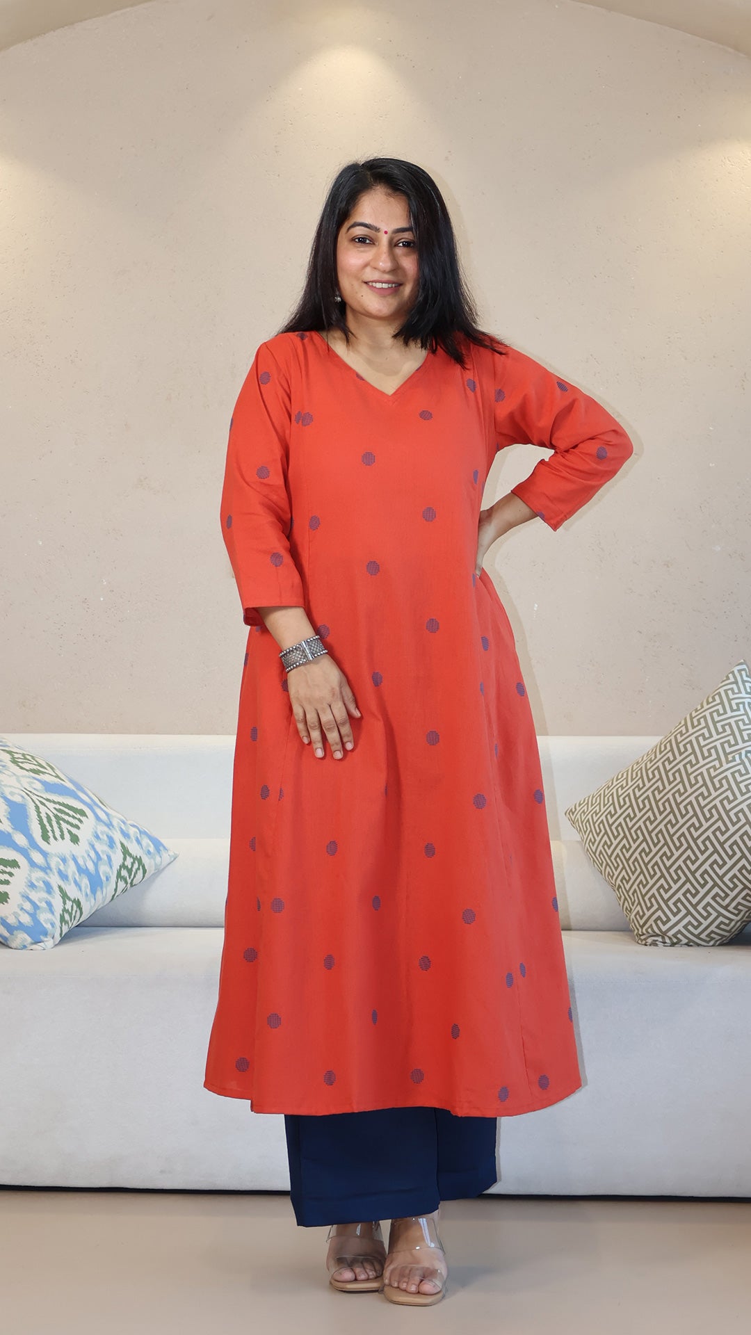 Orange Dots Motif Handwoven Cotton Kurta