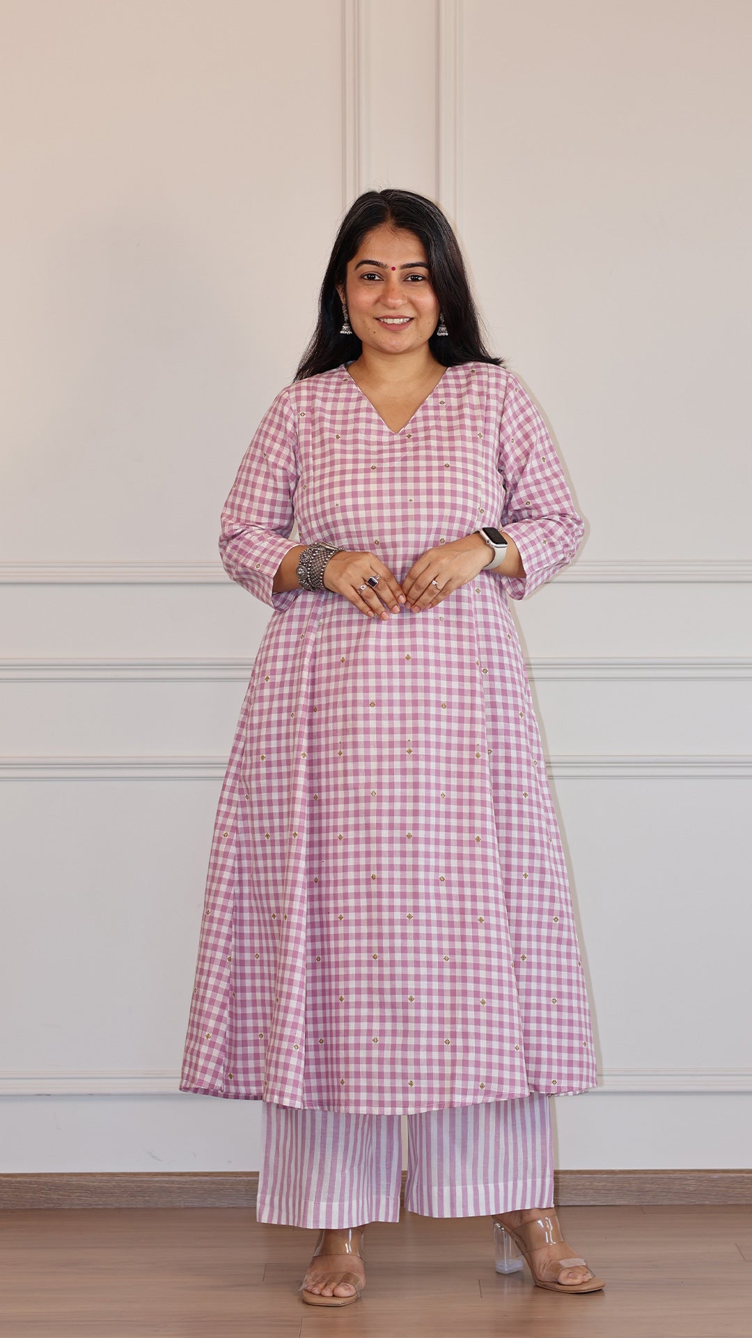 Checks and Stripes Handwoven Cotton Kurta - Lavender