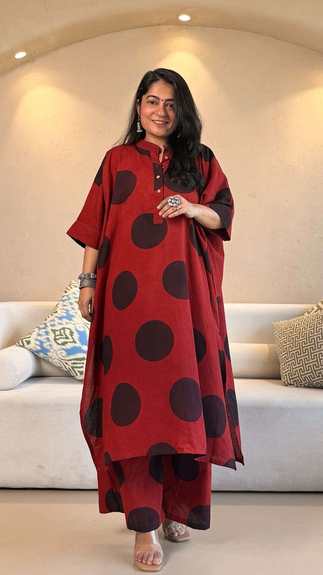 Red/Black Polka Ajrakh Cotton Kaftan Co-ord