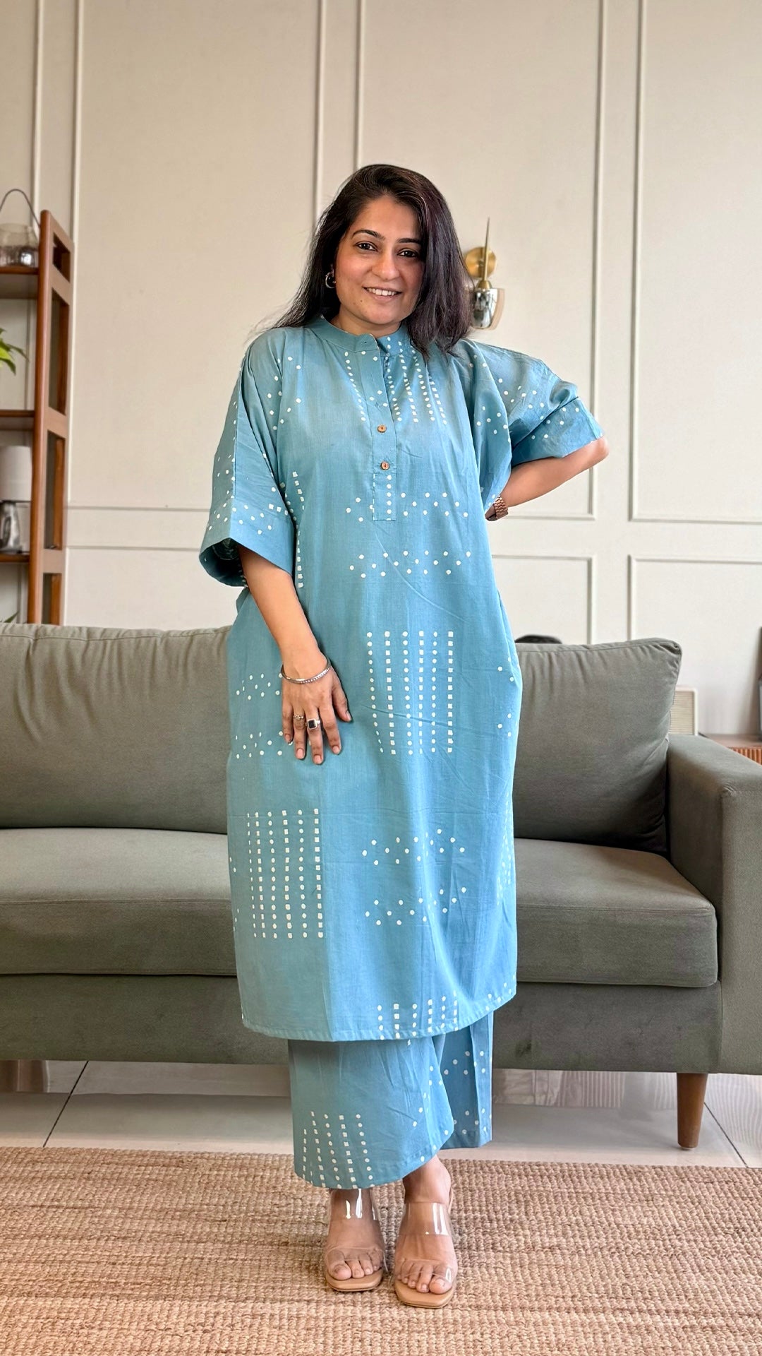 Aarvi Kaftan Co-ord In Cotton - Sky Blue
