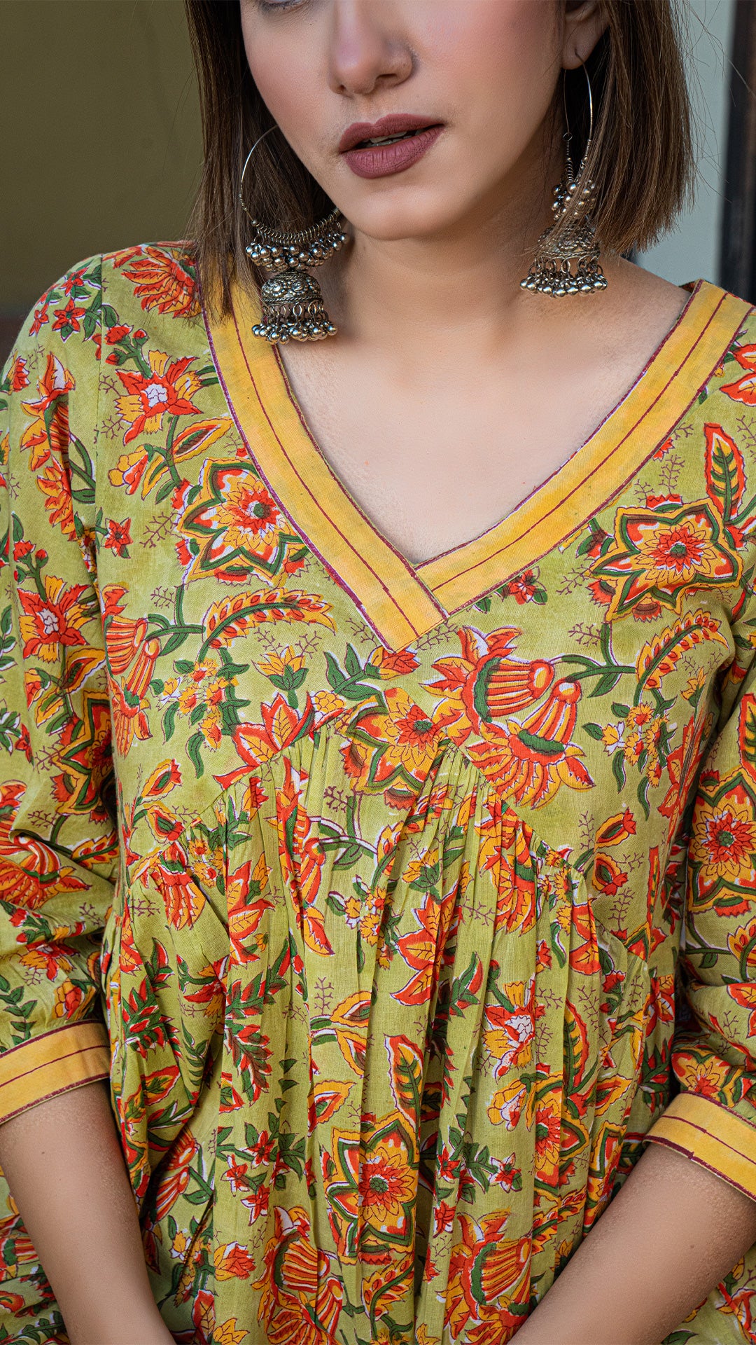 Kashish Sanganeri Hand Block Cotton Kurta - Green/Yellow