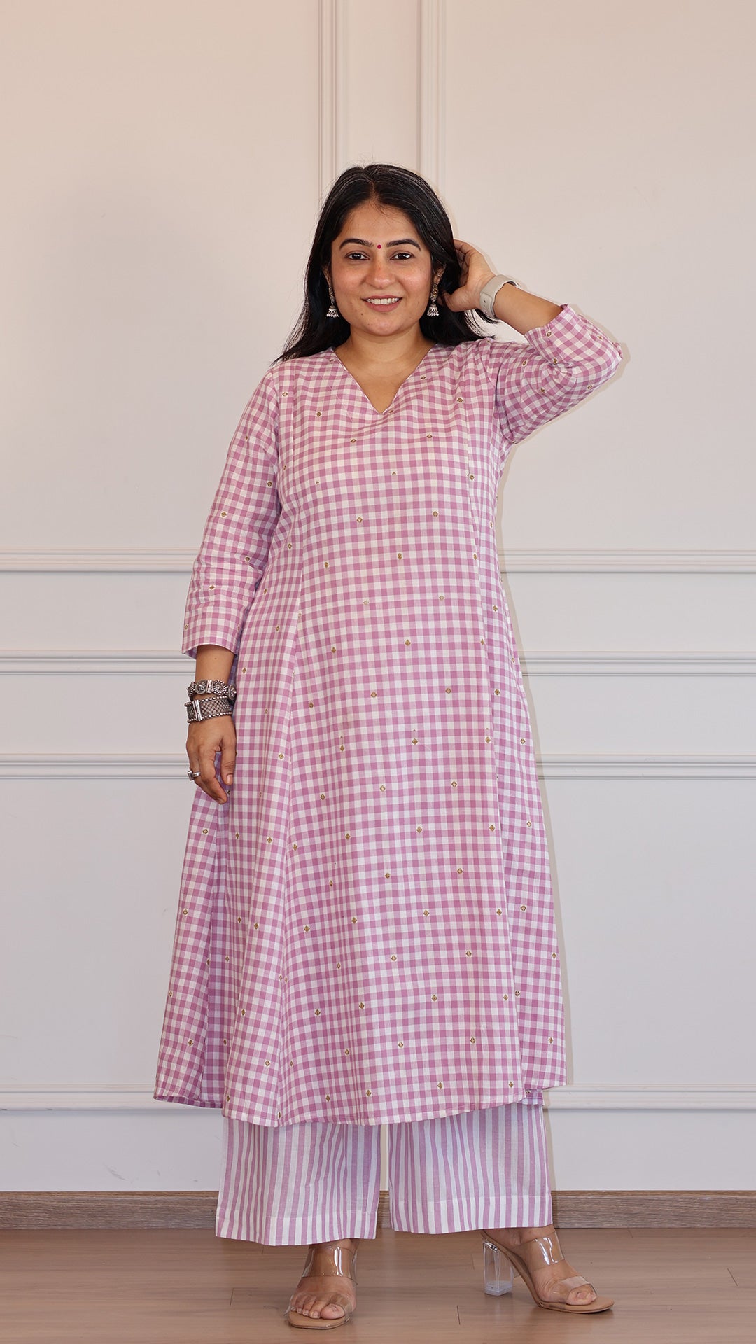 Checks and Stripes Handwoven Cotton Kurta - Lavender