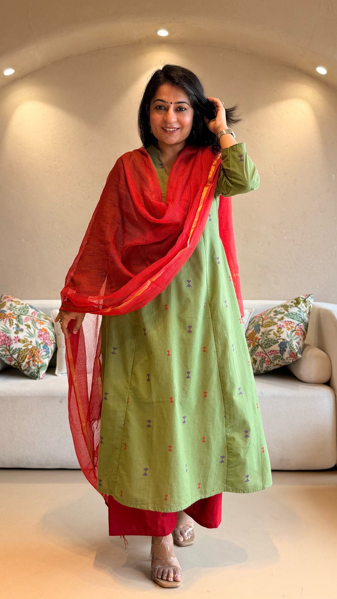 Mousam Hand Woven Kali Kurta In Cotton - Green