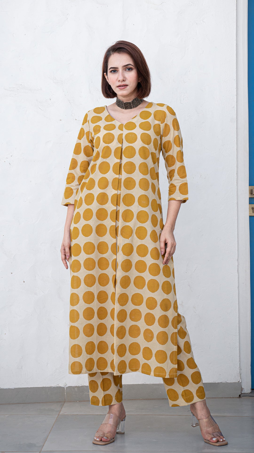 Veera Polka Dots Hand Block Cotton Kurta - Mustard