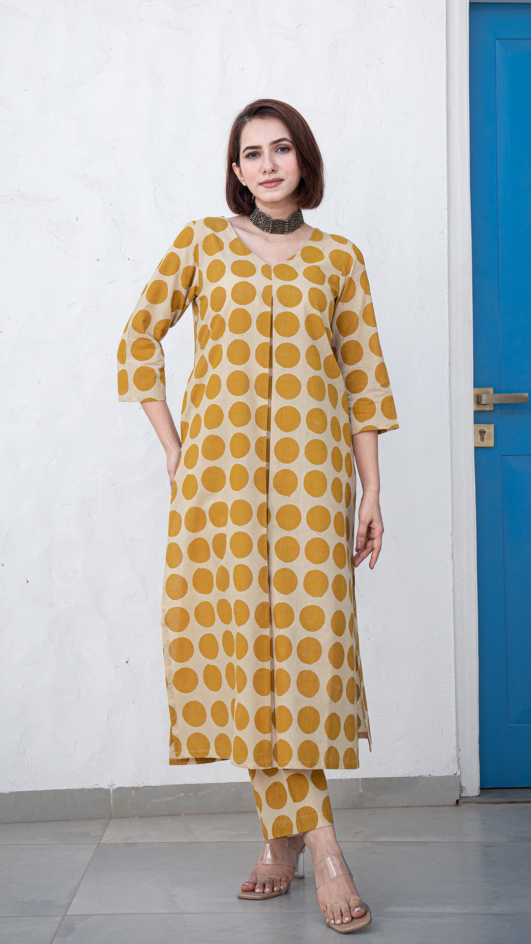 Veera Polka Dots Hand Block Cotton Kurta - Mustard