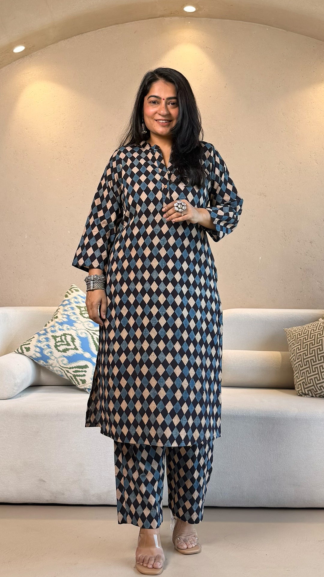 Riyaa Geometric Print Ajrakh Cotton Co-ord - Indigo/Black/White