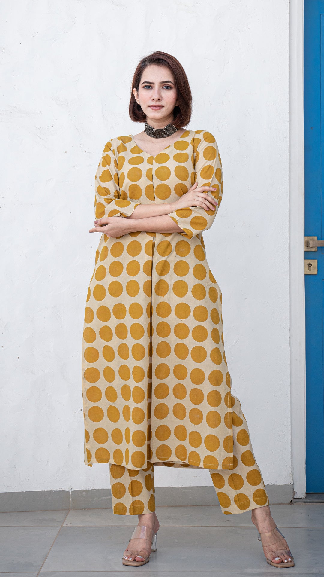 Veera Polka Dots Hand Block Cotton Kurta - Mustard