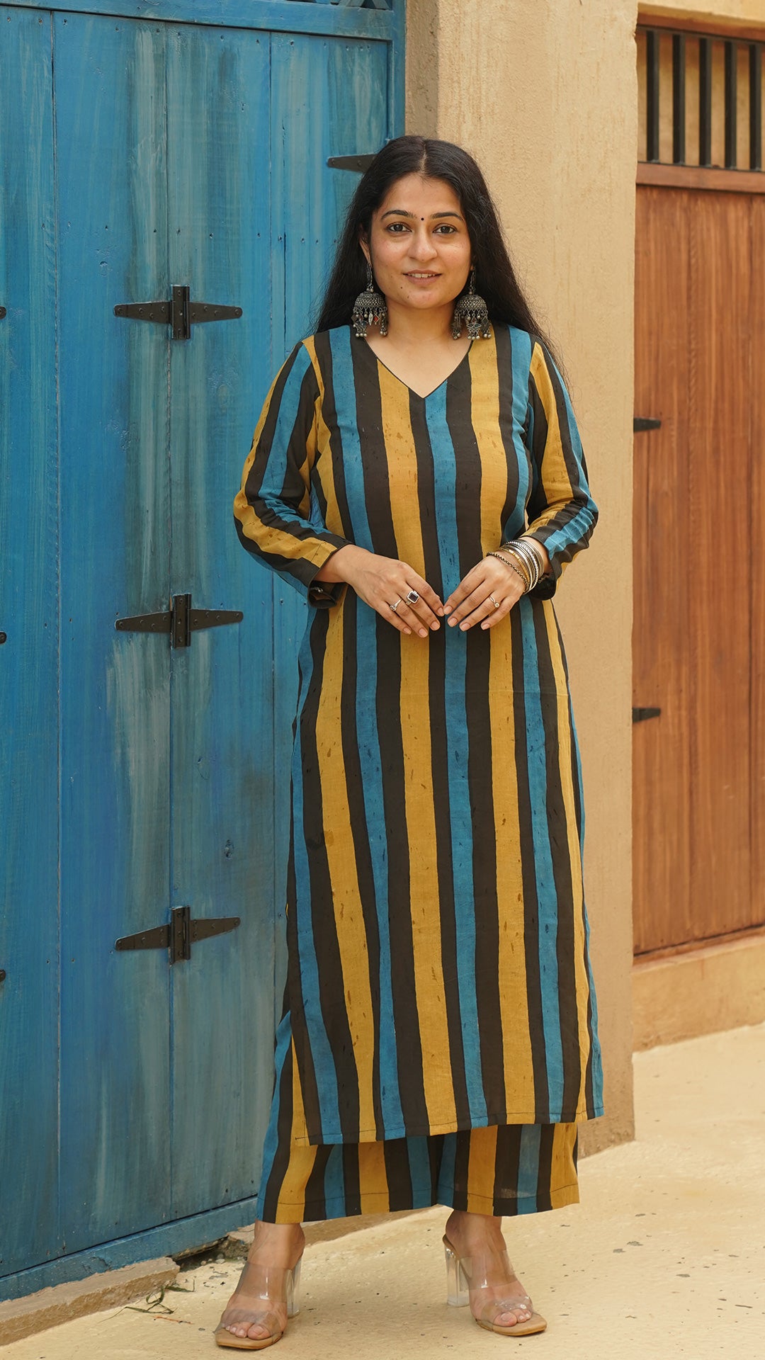 Anaisha Stripes Hand Block Cotton Kurta - Black/Blue/Mustard