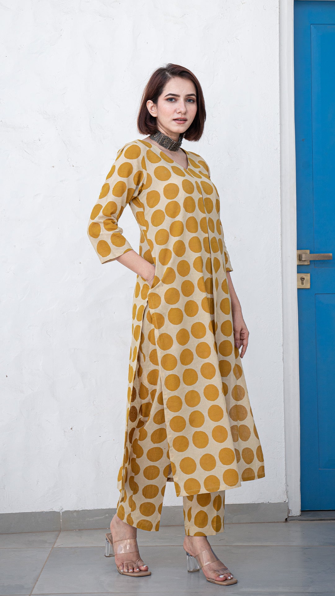 Veera Polka Dots Hand Block Cotton Kurta - Mustard