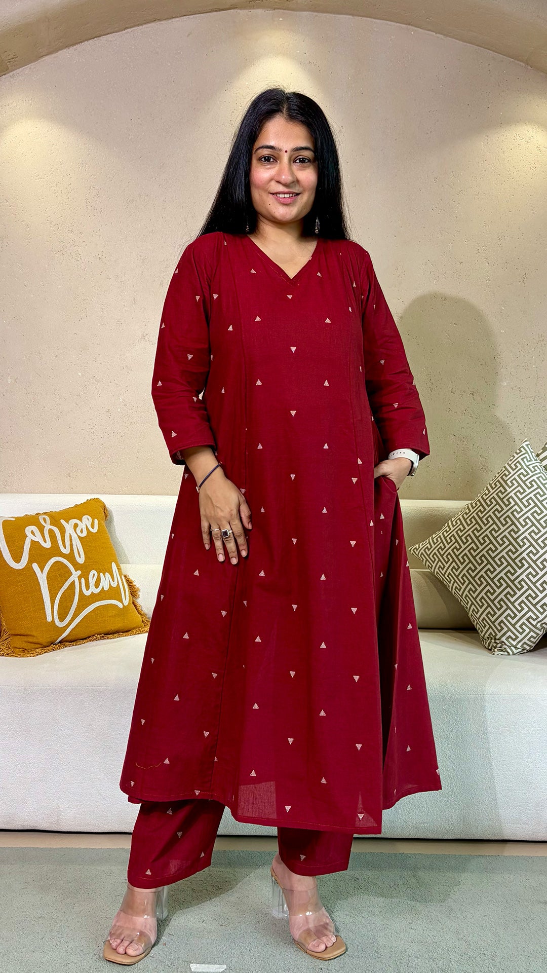 Megha Red Hand Woven Kali Cotton Kurta