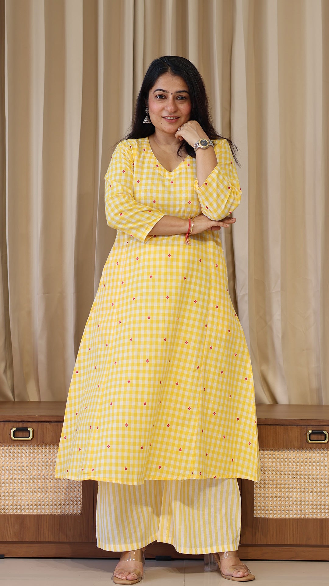 Checks and Stripes Handwoven Cotton Kurta - Yellow
