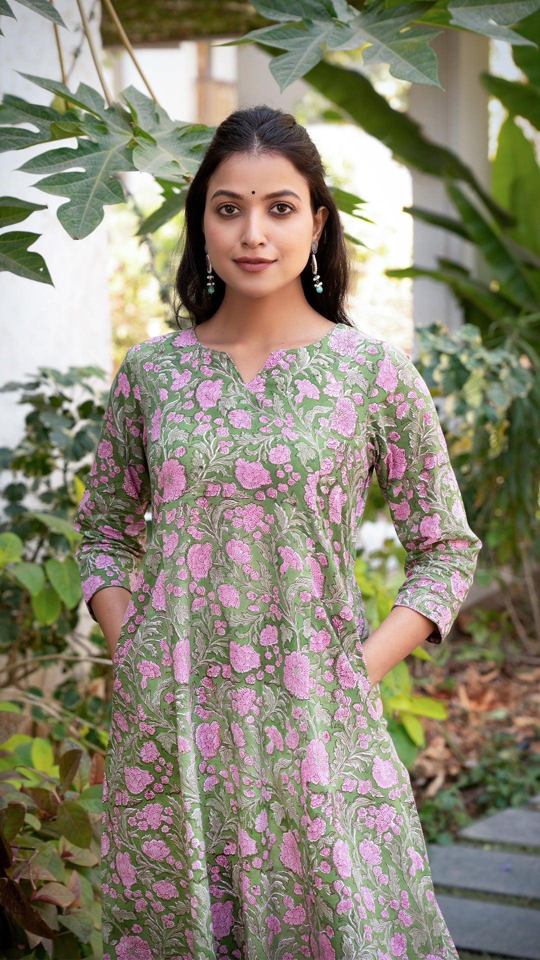 Shanaya Sanganeri Hand Block Kali Cotton Kurta - Green