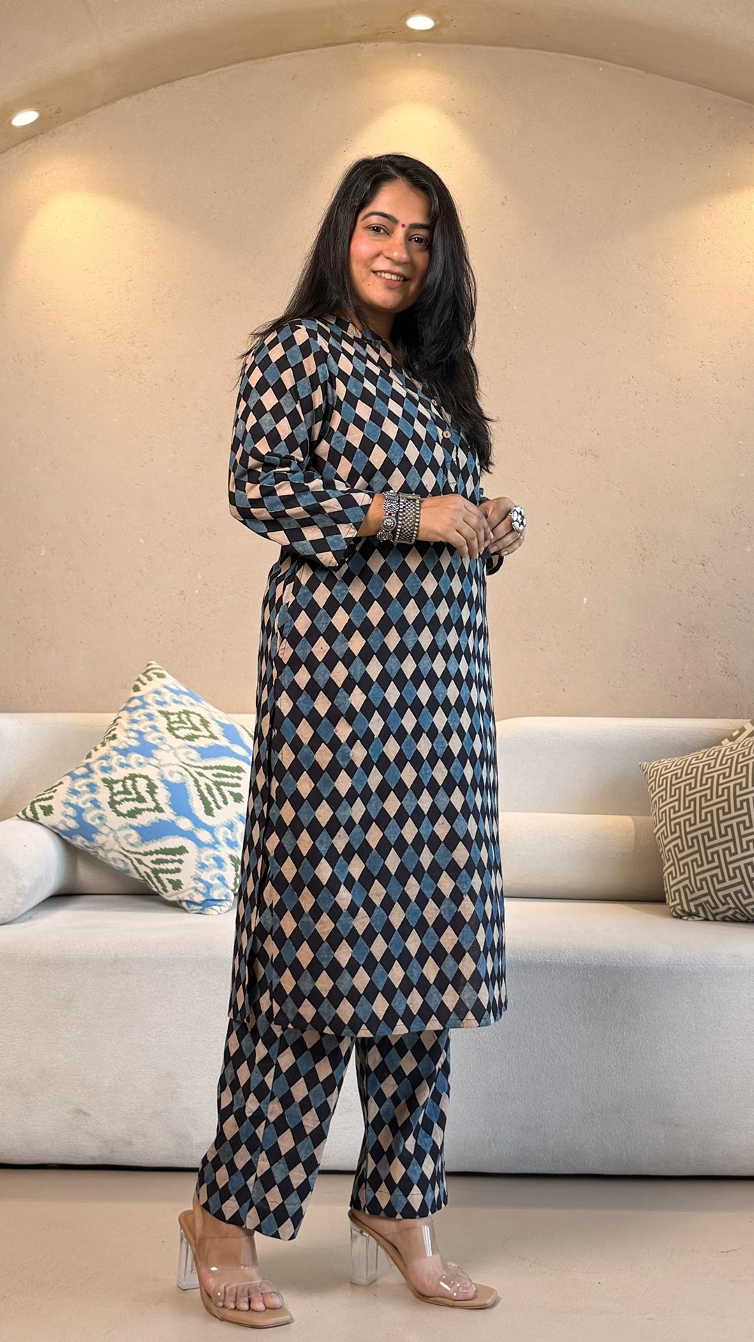 Riyaa Geometric Print Ajrakh Cotton Co-ord - Indigo/Black/White