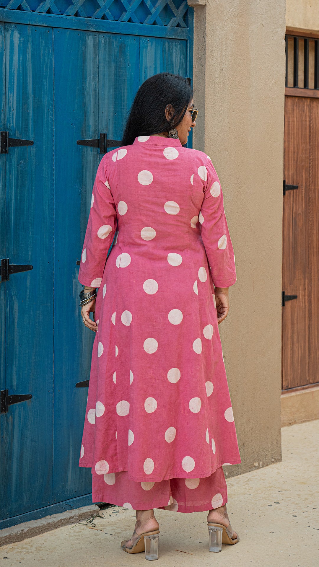 Pink Polka Dots Kali Kurta In Cotton
