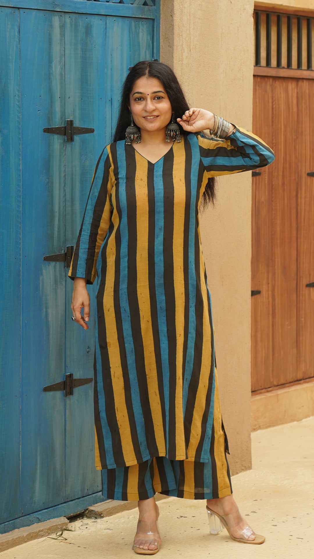 Anaisha Stripes Hand Block Cotton Kurta - Black/Blue/Mustard
