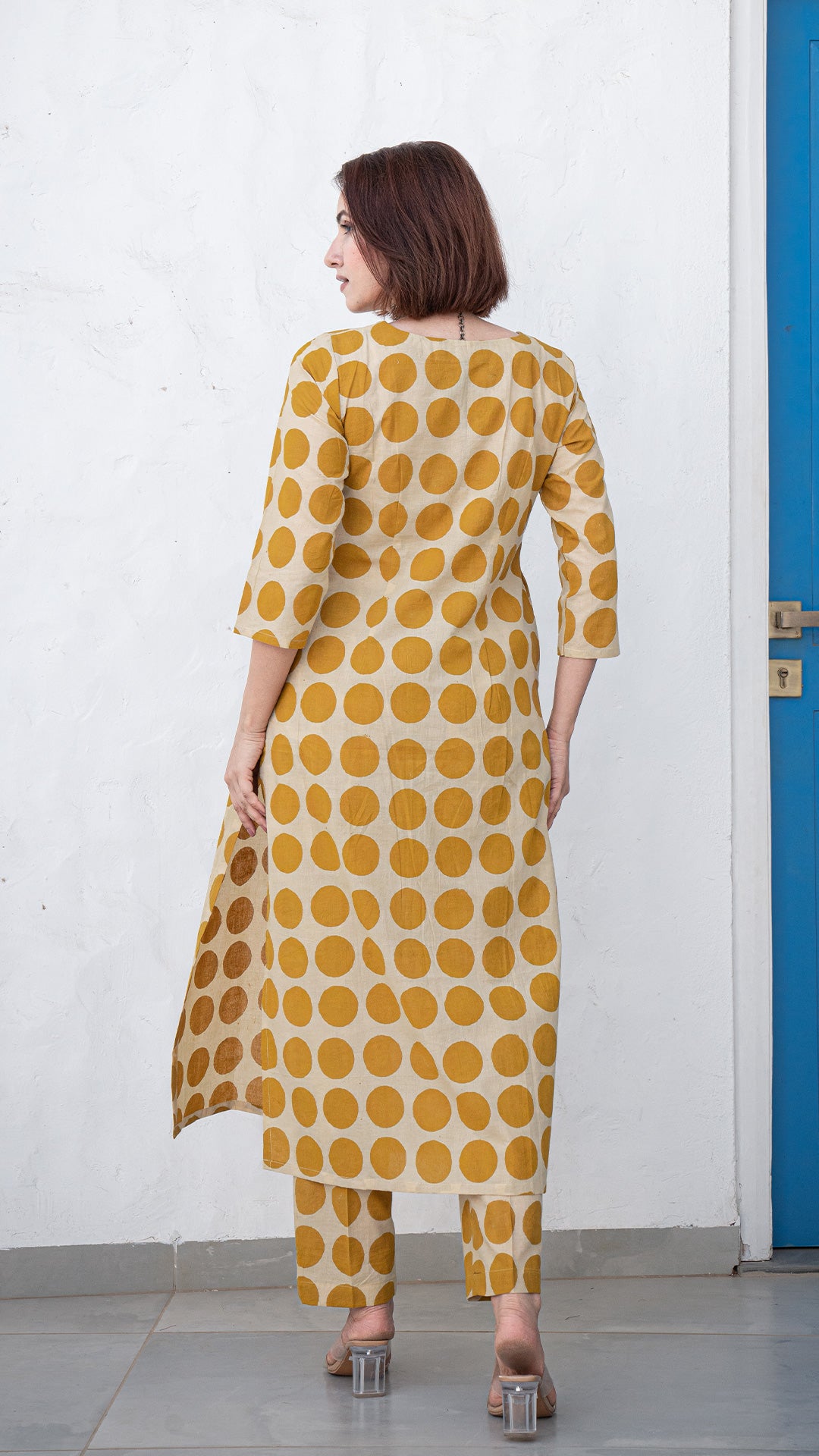 Veera Polka Dots Hand Block Cotton Kurta - Mustard