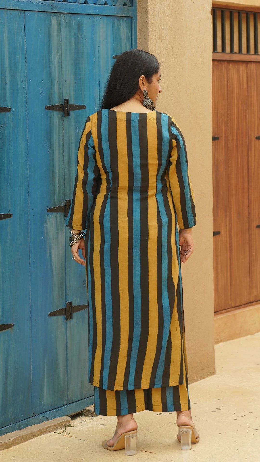 Anaisha Stripes Hand Block Cotton Kurta - Black/Blue/Mustard