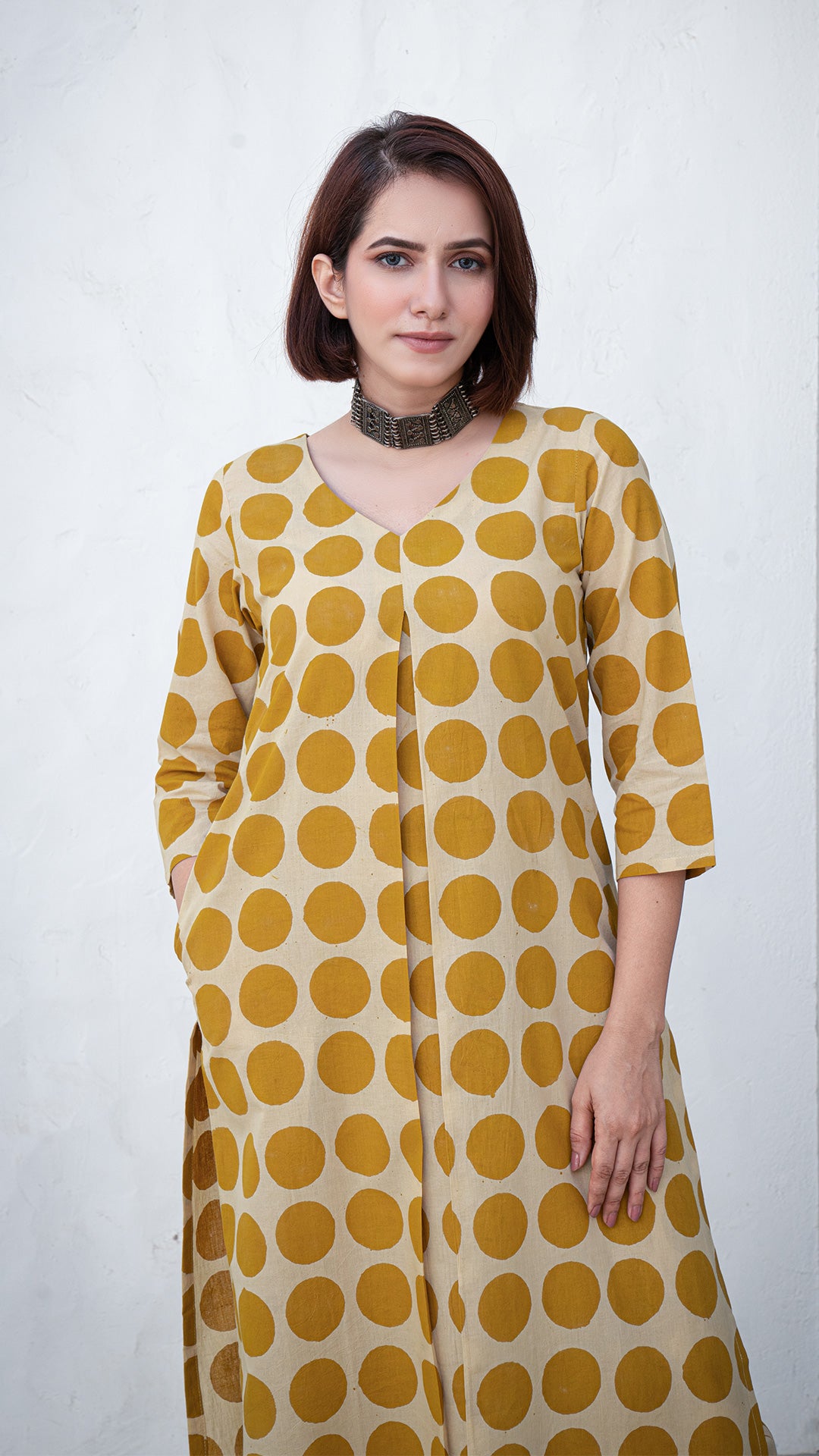 Veera Polka Dots Hand Block Cotton Kurta - Mustard