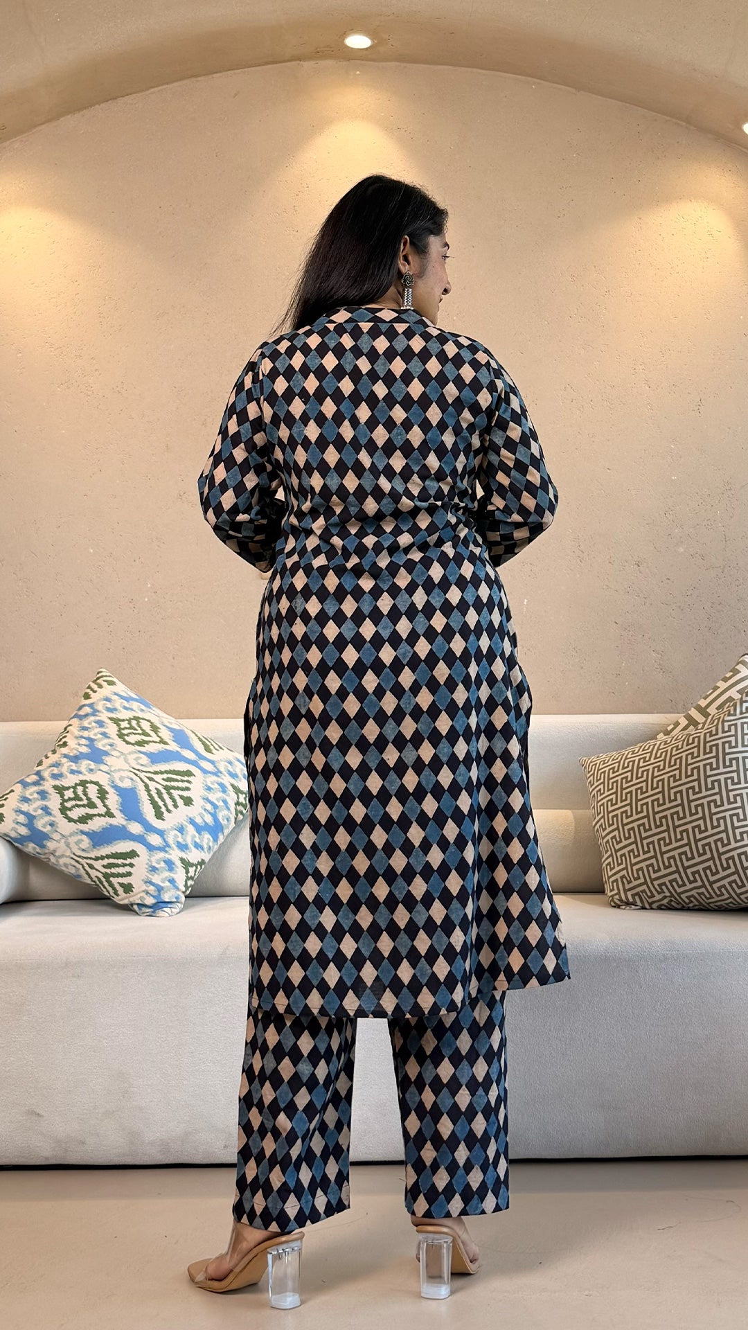 Riyaa Geometric Print Ajrakh Cotton Co-ord - Indigo/Black/White