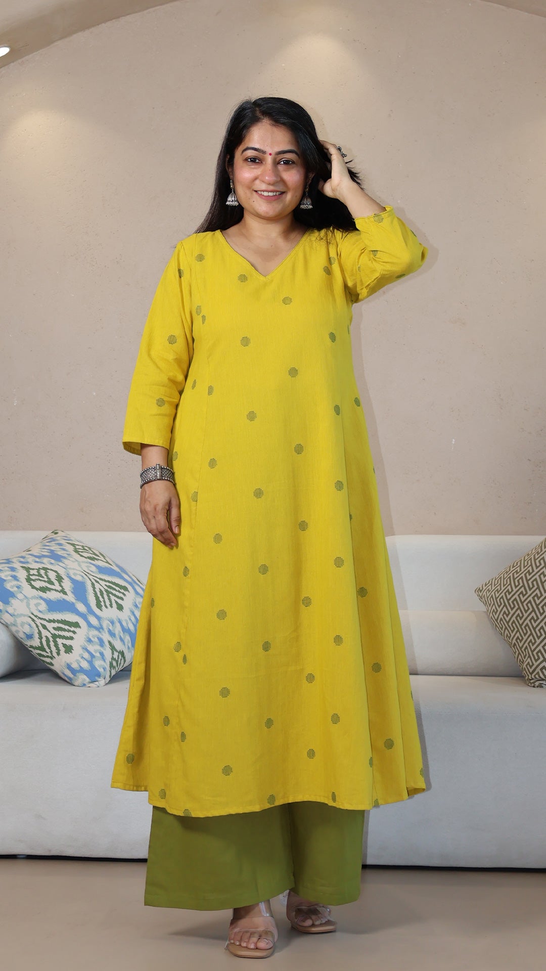 Yellow Dots Motif Handwoven Cotton Kurta