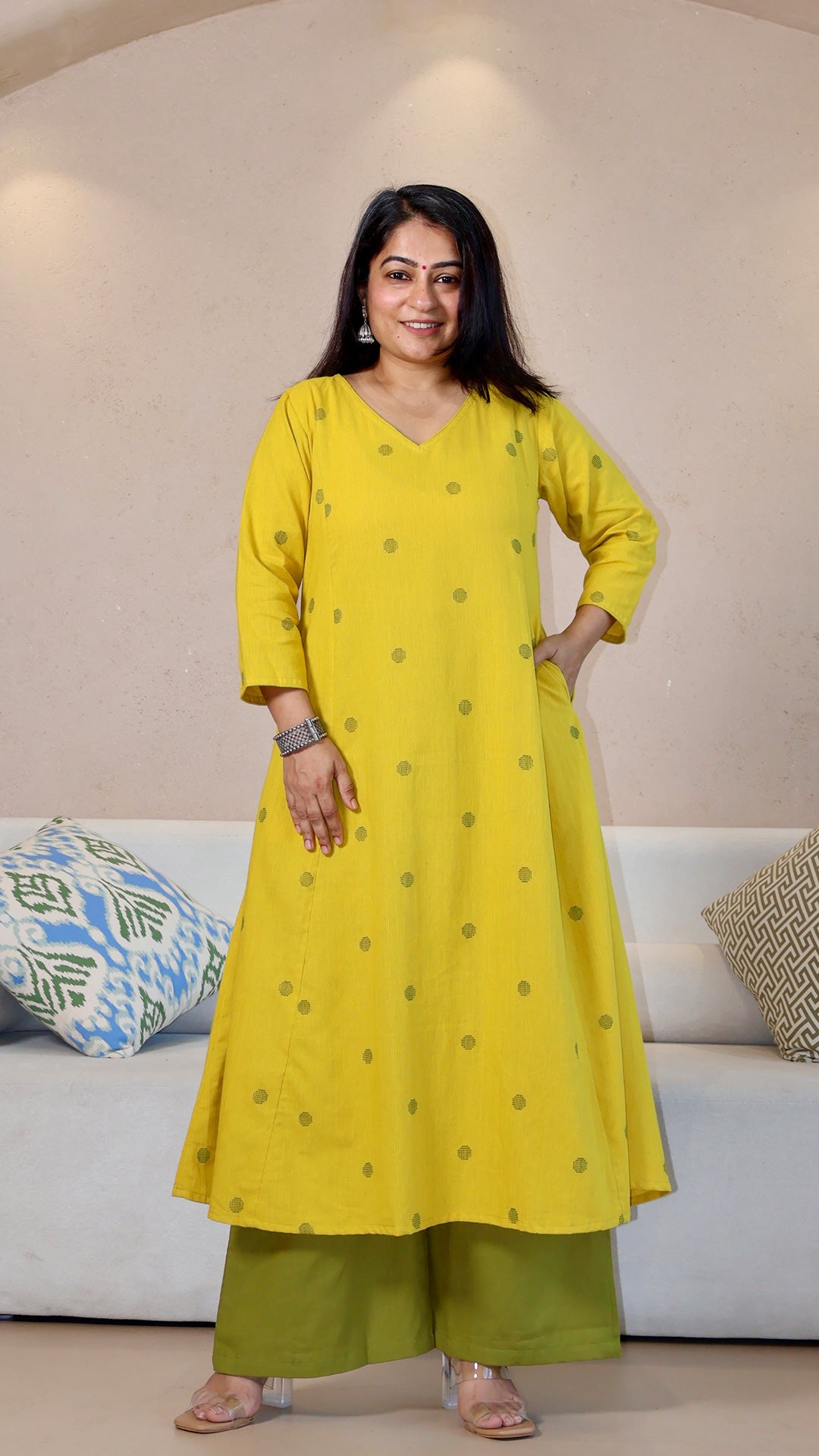 Yellow Dots Motif Handwoven Cotton Kurta