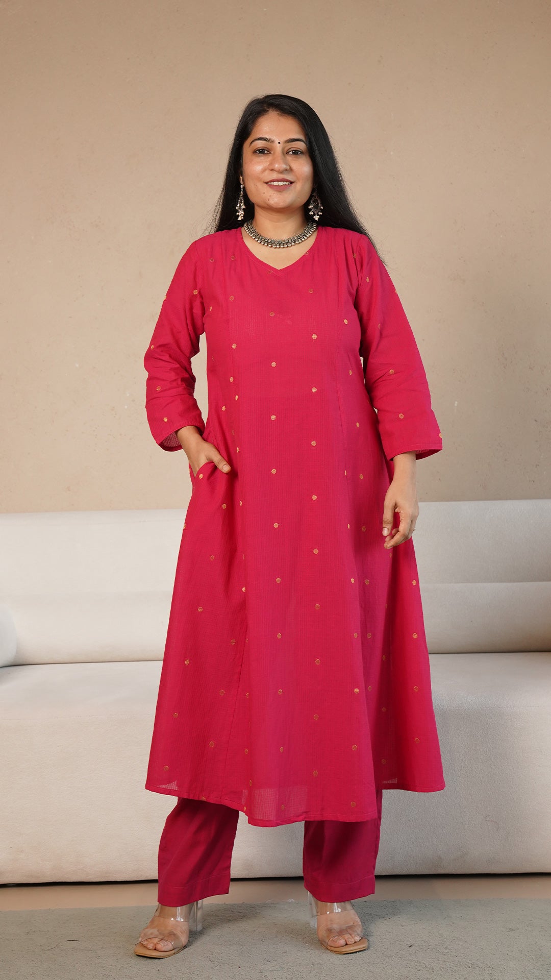 Harvi Hand Woven Golden Zari Motif Kali Cotton Kurta - Rani Pink