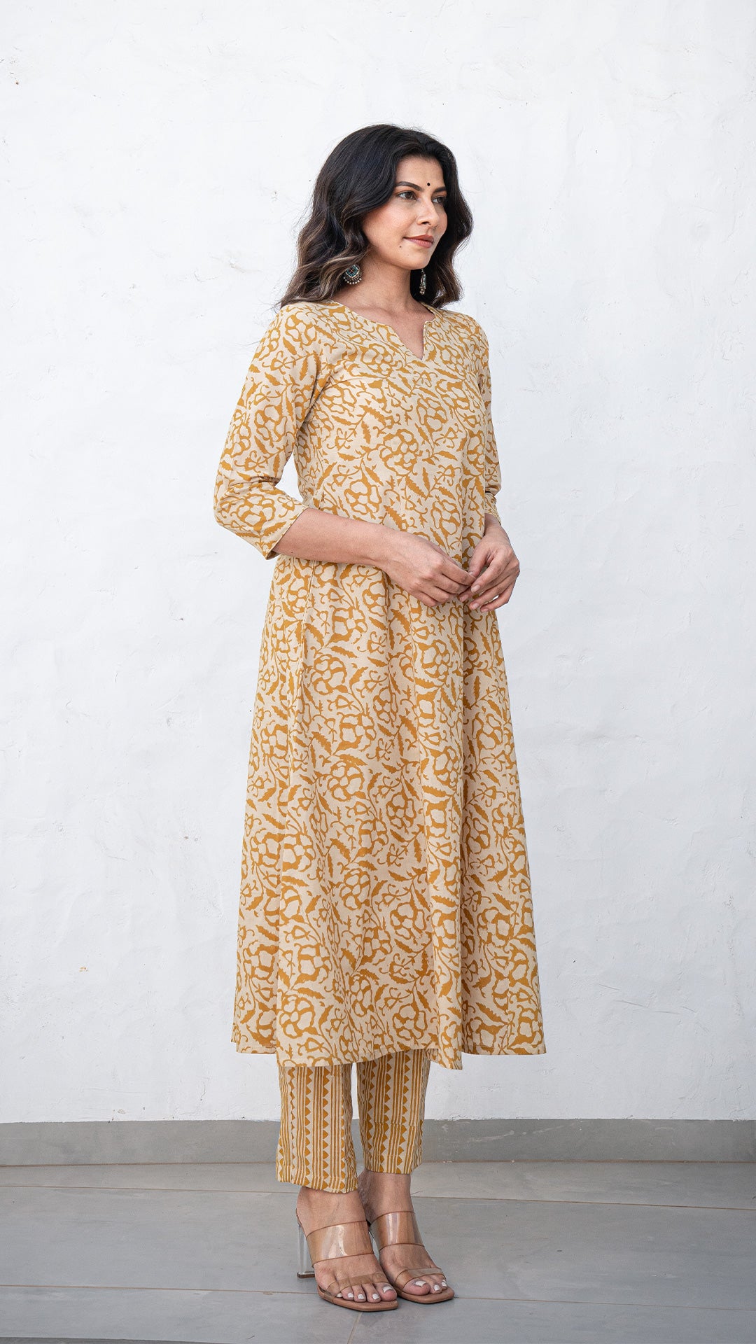 Ayra Floral Jaal Hand Block Kali Cotton Kurta - Mustard