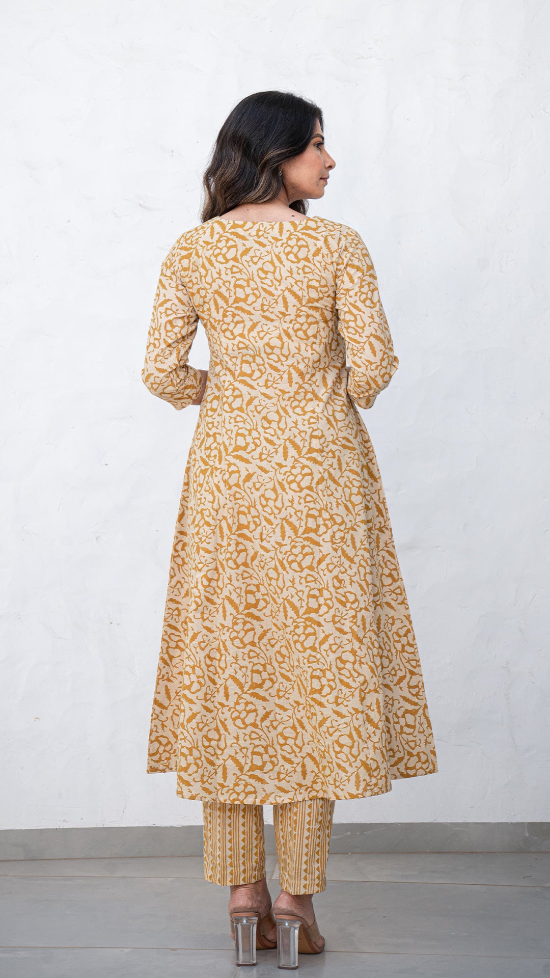 Ayra Floral Jaal Hand Block Kali Cotton Kurta - Mustard