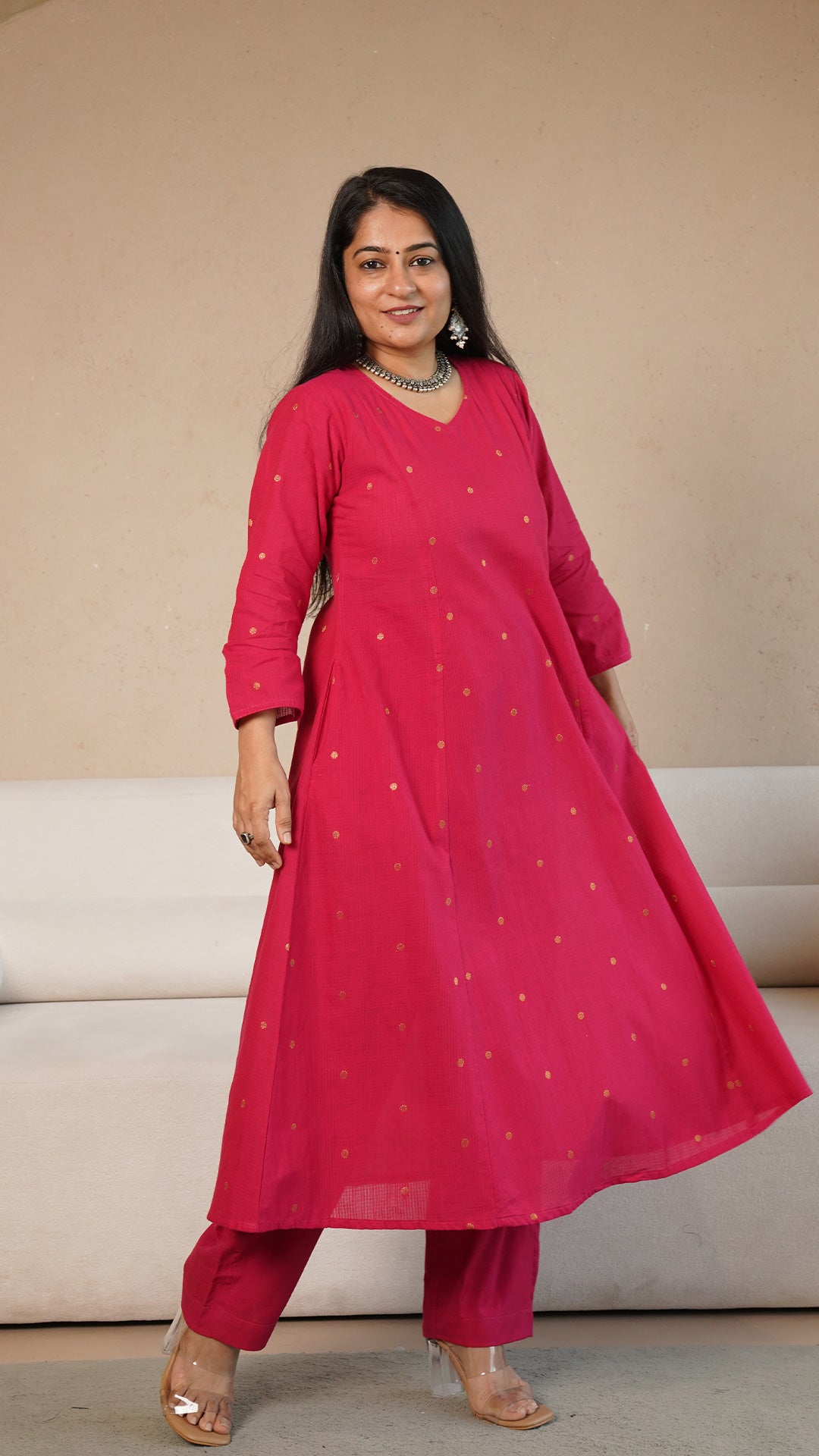 Harvi Hand Woven Golden Zari Motif Kali Cotton Kurta - Rani Pink