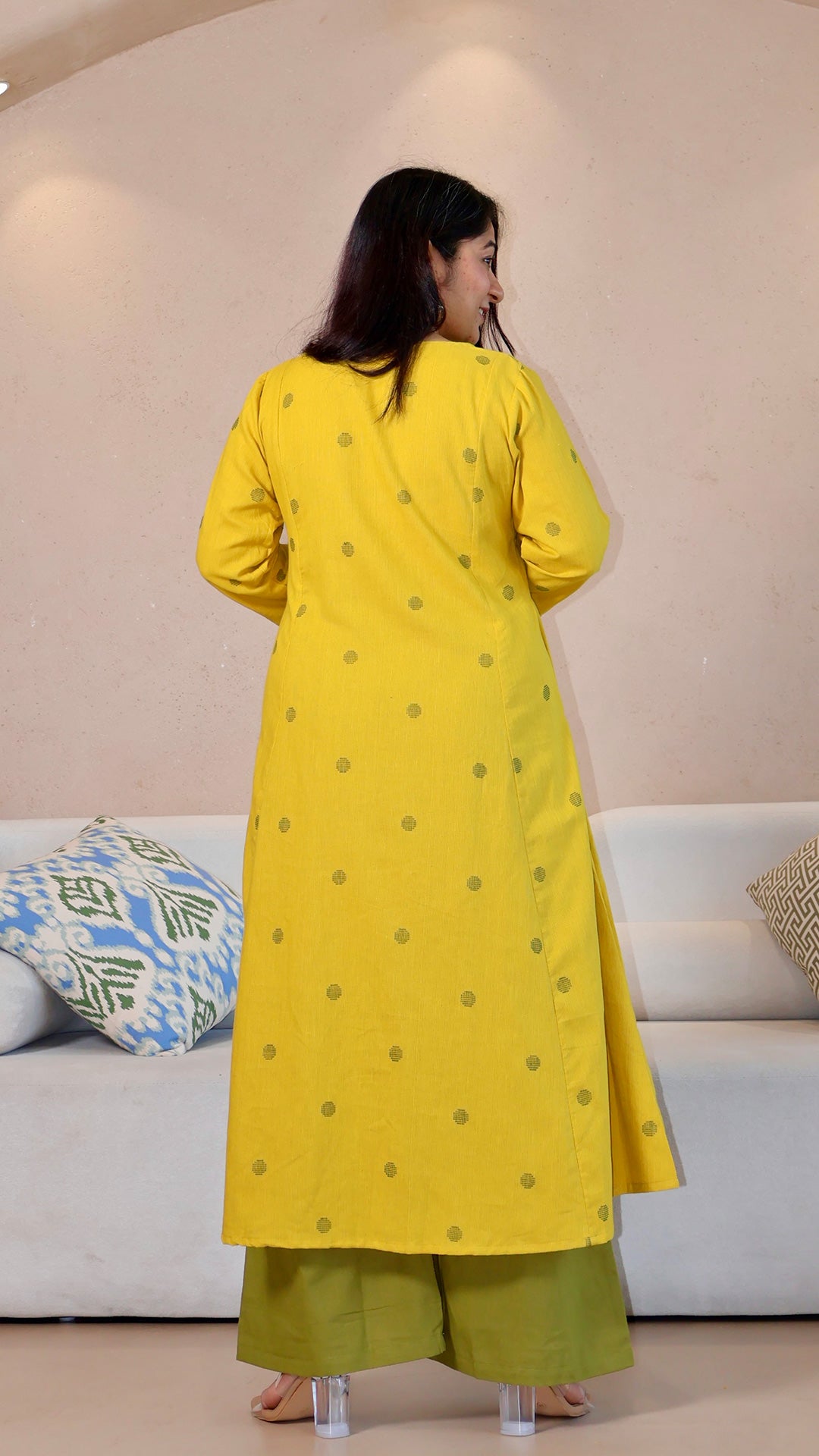 Yellow Dots Motif Handwoven Cotton Kurta
