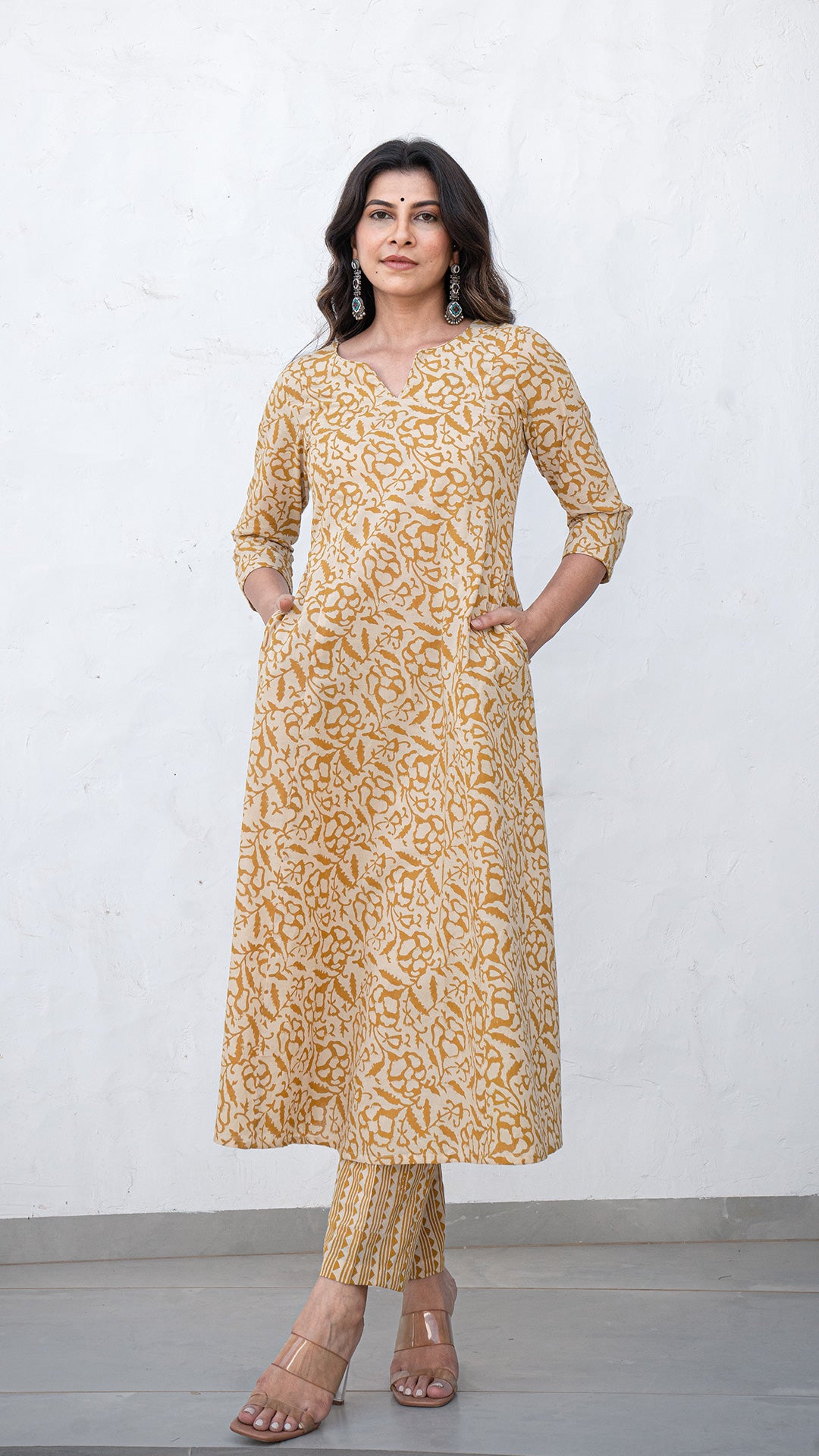 Ayra Floral Jaal Hand Block Kali Cotton Kurta - Mustard