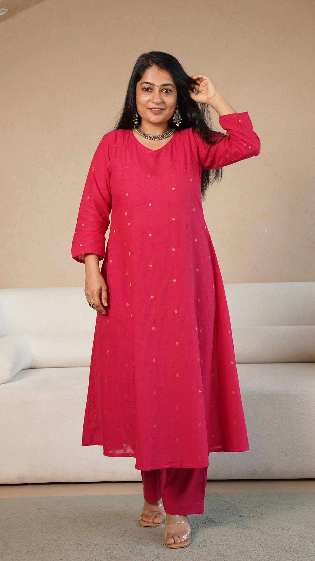 Harvi Hand Woven Golden Zari Motif Kali Cotton Kurta - Rani Pink