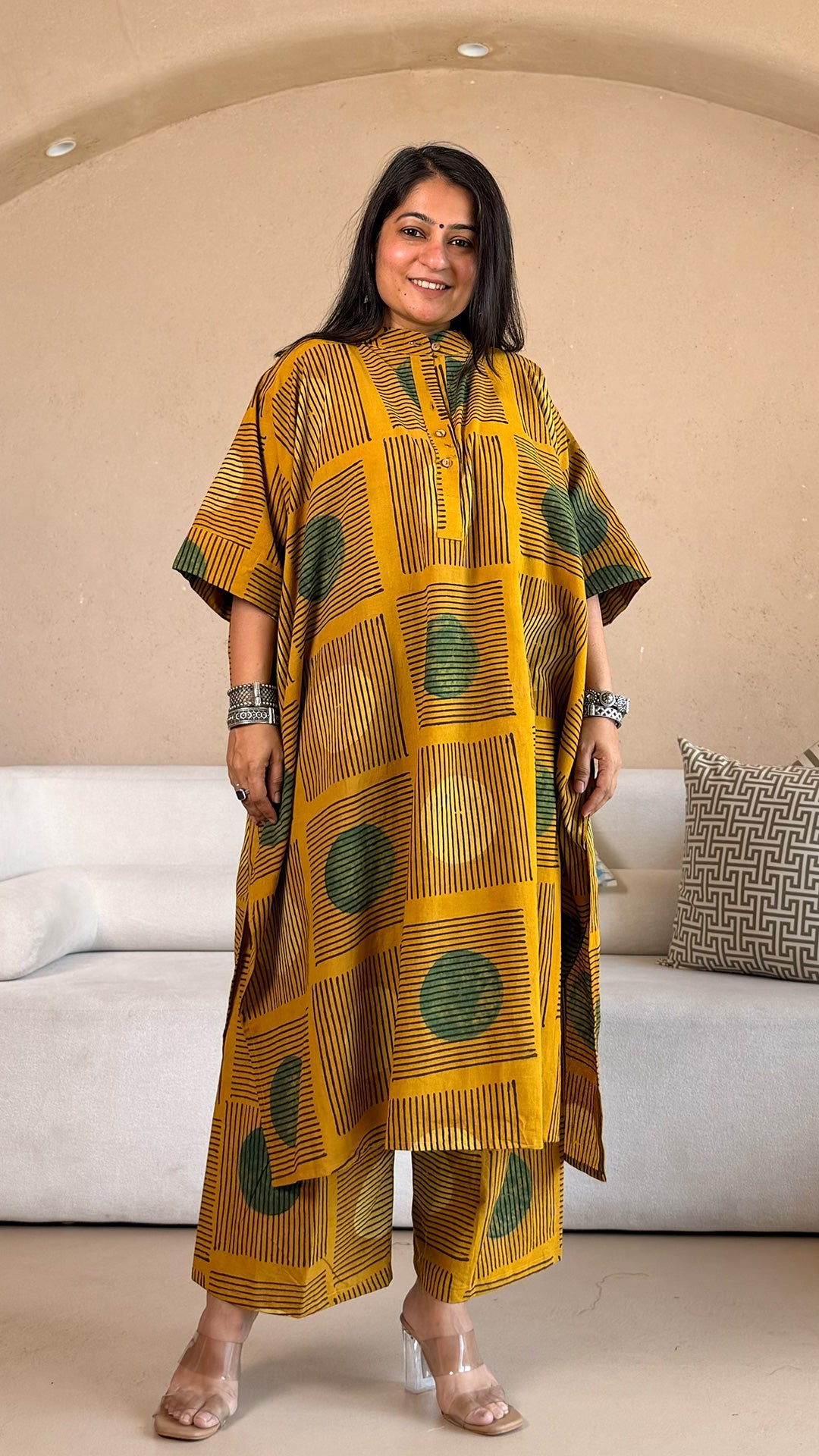 Yellow/Green Polka Dots Ajrakh Cotton Kaftan Co-ord