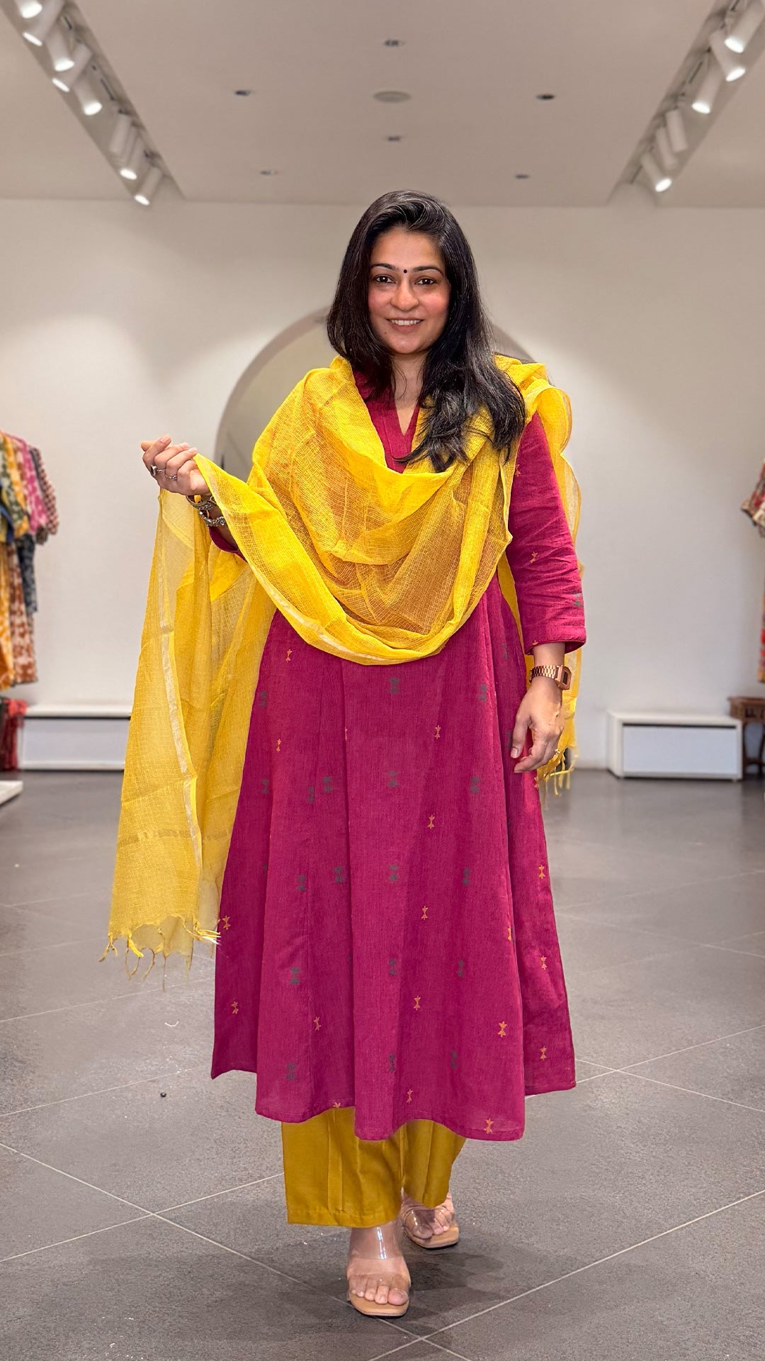 Mrunal Hand Woven Kali Kurta In Cotton - Rani Pink