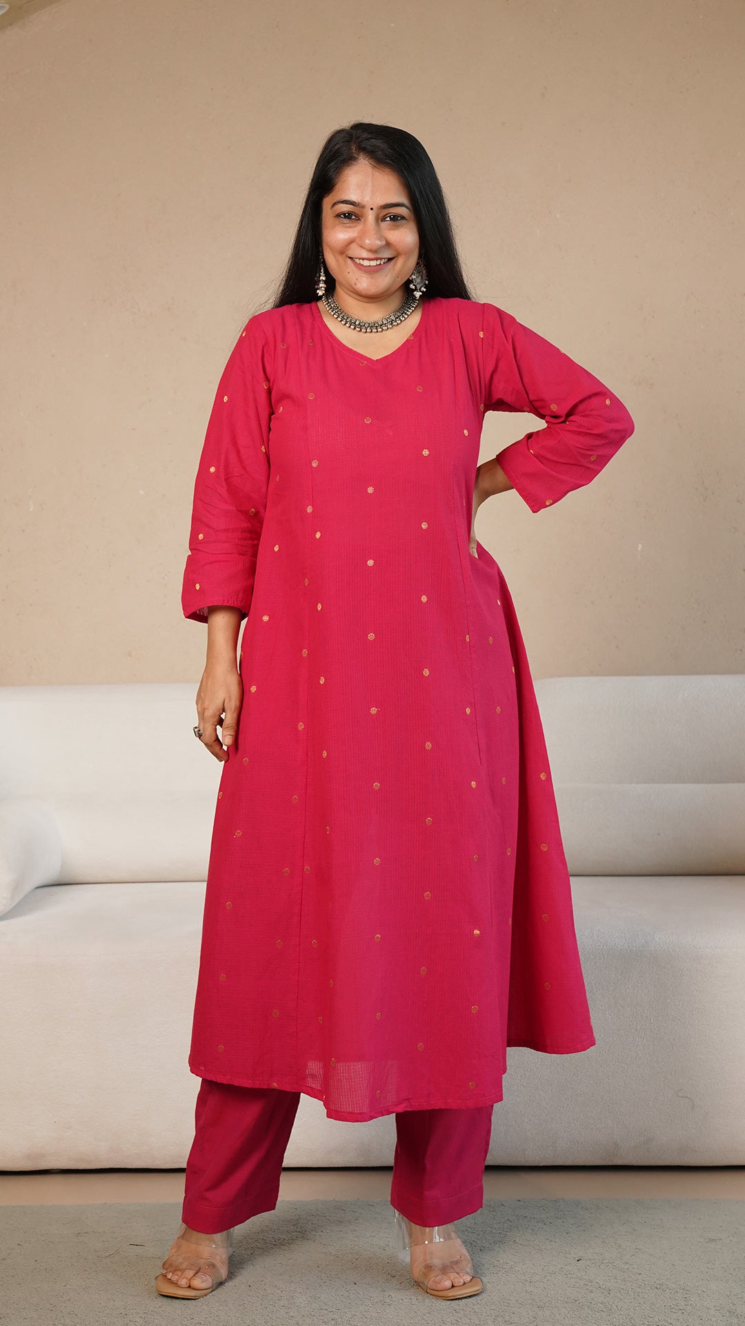 Harvi Hand Woven Golden Zari Motif Kali Cotton Kurta - Rani Pink