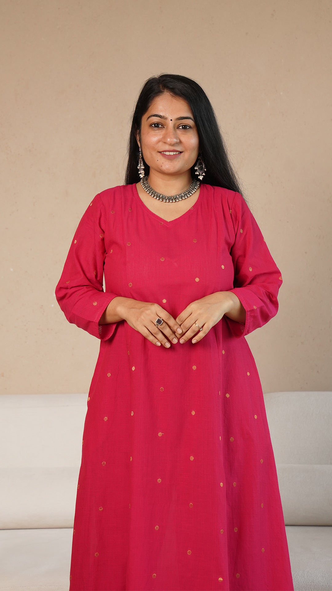 Harvi Hand Woven Golden Zari Motif Kali Cotton Kurta - Rani Pink