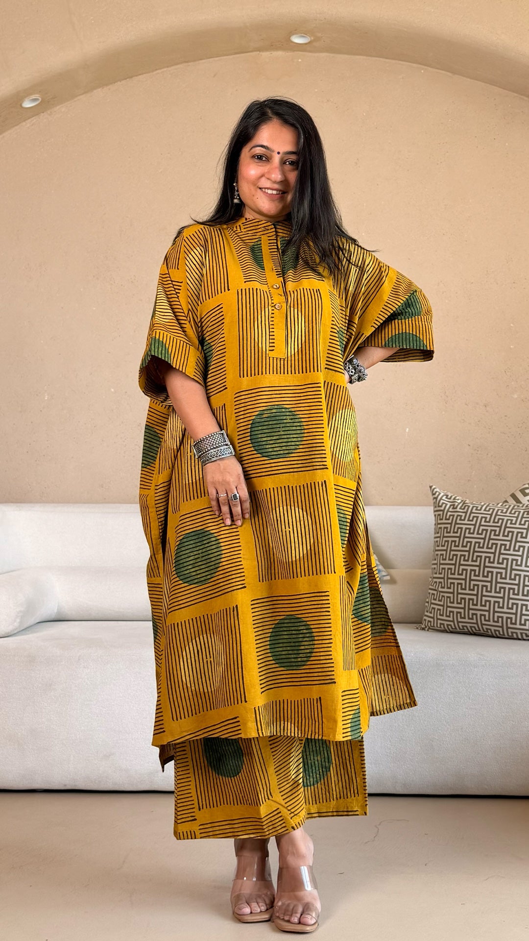 Yellow/Green Polka Dots Ajrakh Cotton Kaftan Co-ord