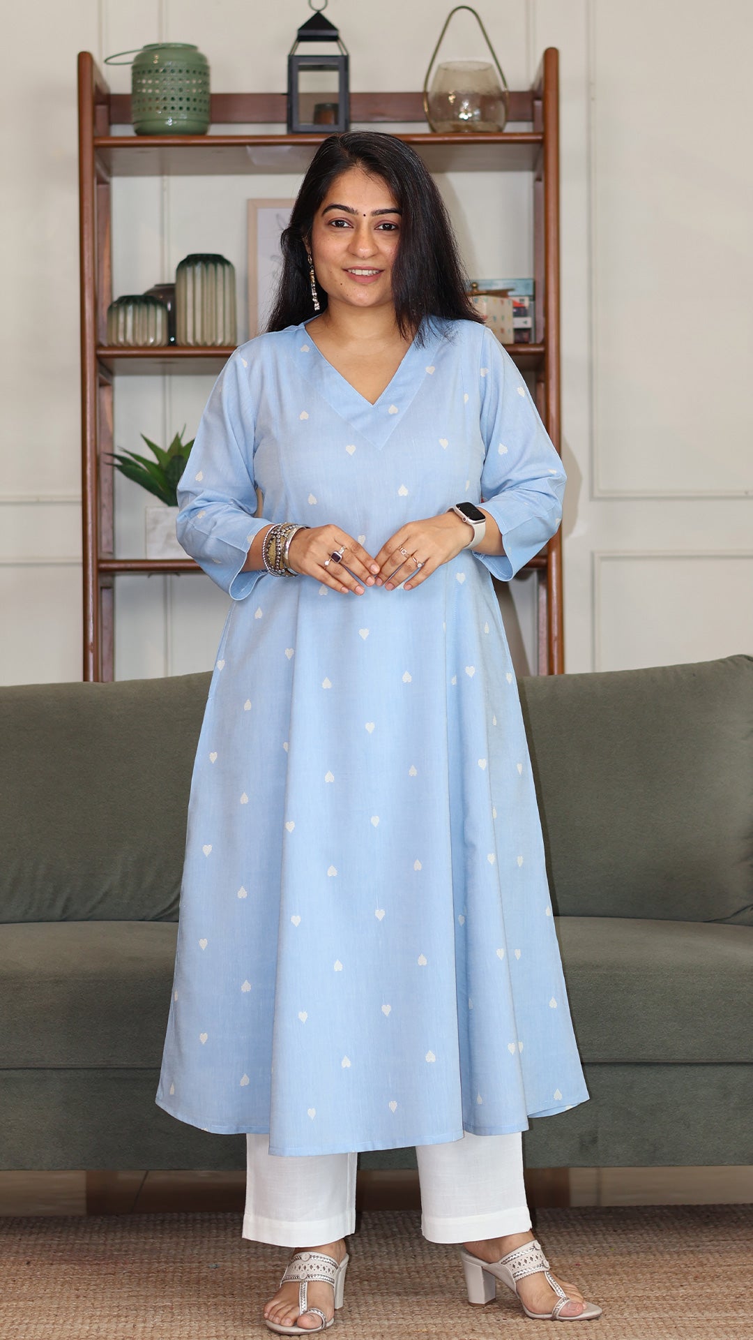 Hearts Motif Handwoven Cotton Kurta - Powder Blue