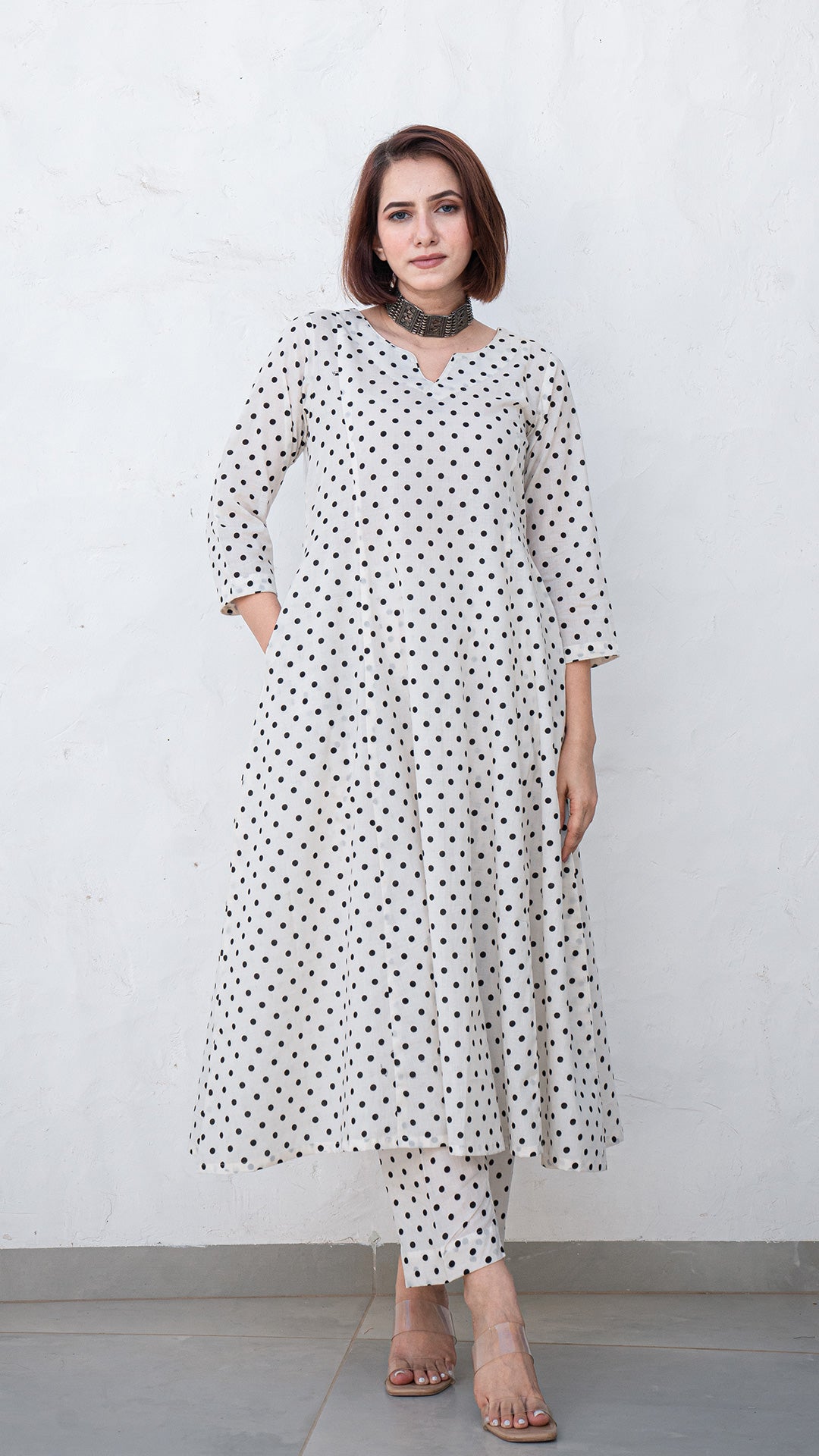 Black and White Polka Dots Kali Cotton Kurta In Cotton