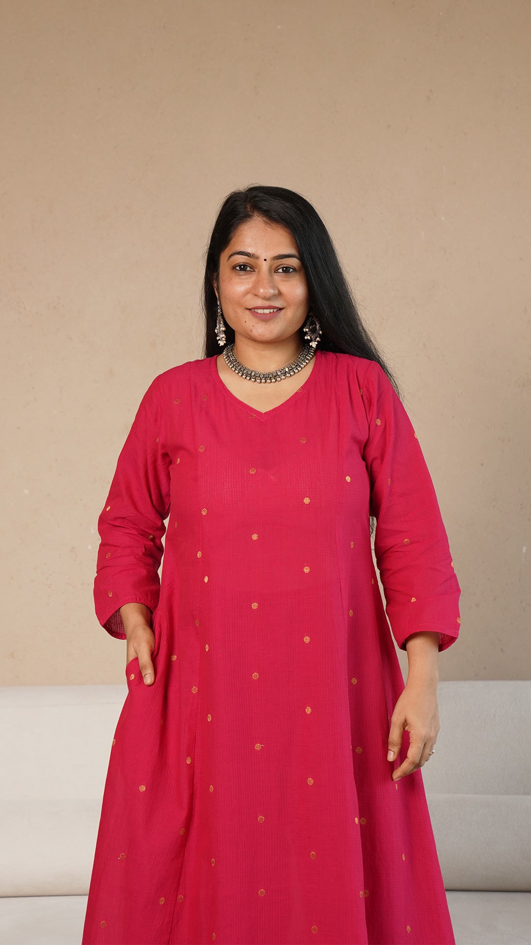 Harvi Hand Woven Golden Zari Motif Kali Cotton Kurta - Rani Pink