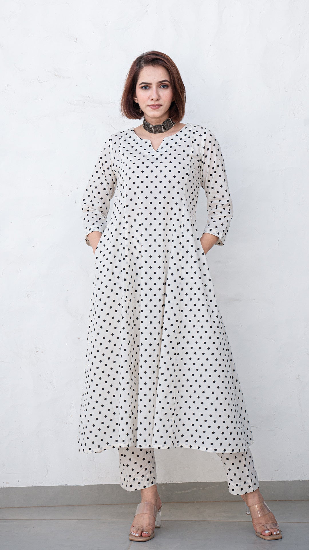 Black and White Polka Dots Kali Cotton Kurta In Cotton