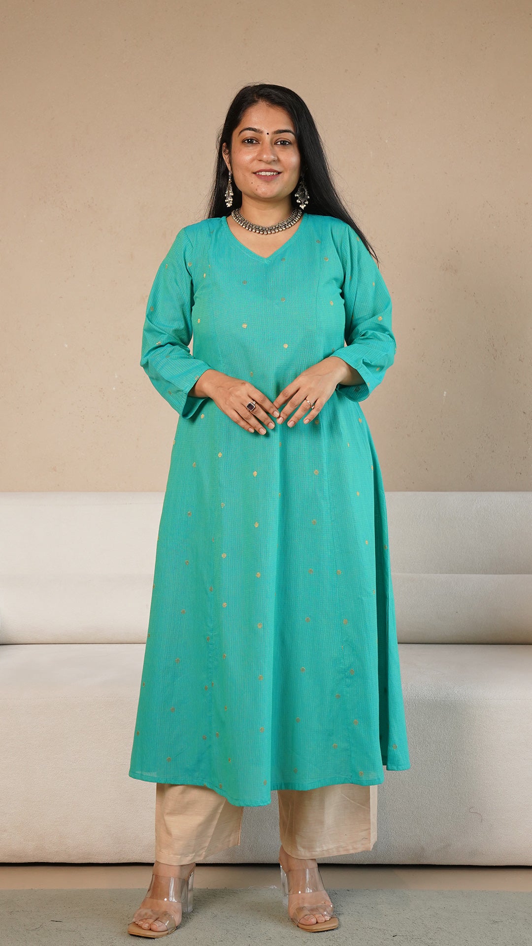 Jenika Hand Woven Golden Zari Motif Kali Cotton Kurta - Green