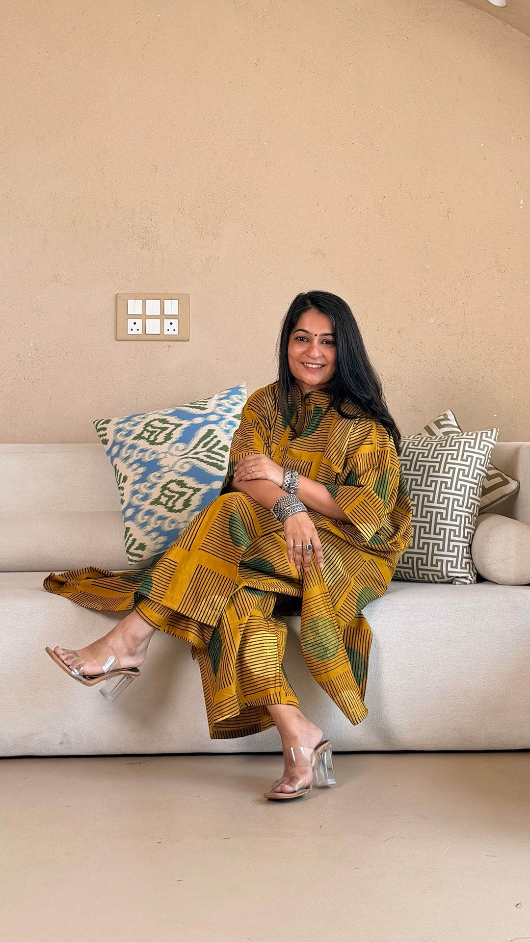 Yellow/Green Polka Dots Ajrakh Cotton Kaftan Co-ord