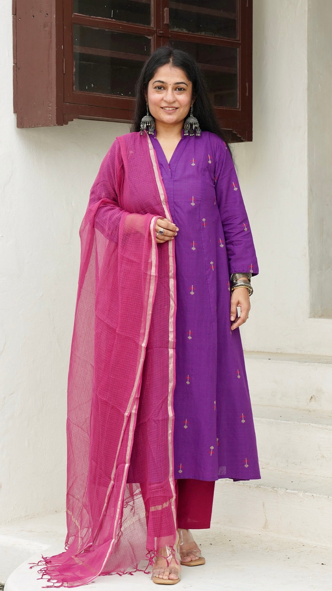 Veda Flower Motif Hand Woven Kali Cotton Kurta - Purple