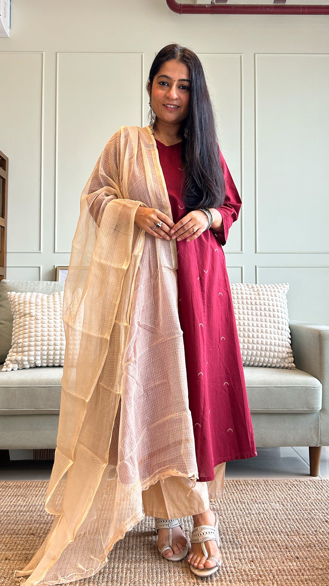 Ziva Chand Motif Hand Woven Kali Cotton Kurta - Maroon
