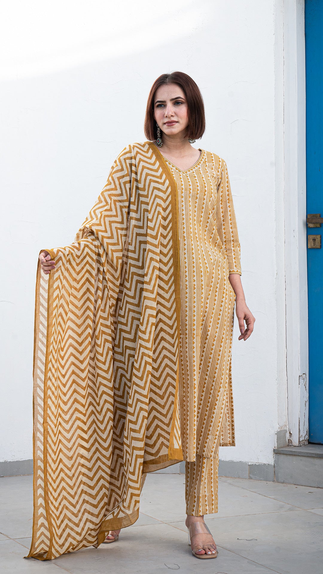 Zaiba Geometric Print Hand Block Cotton Kurta - Mustard