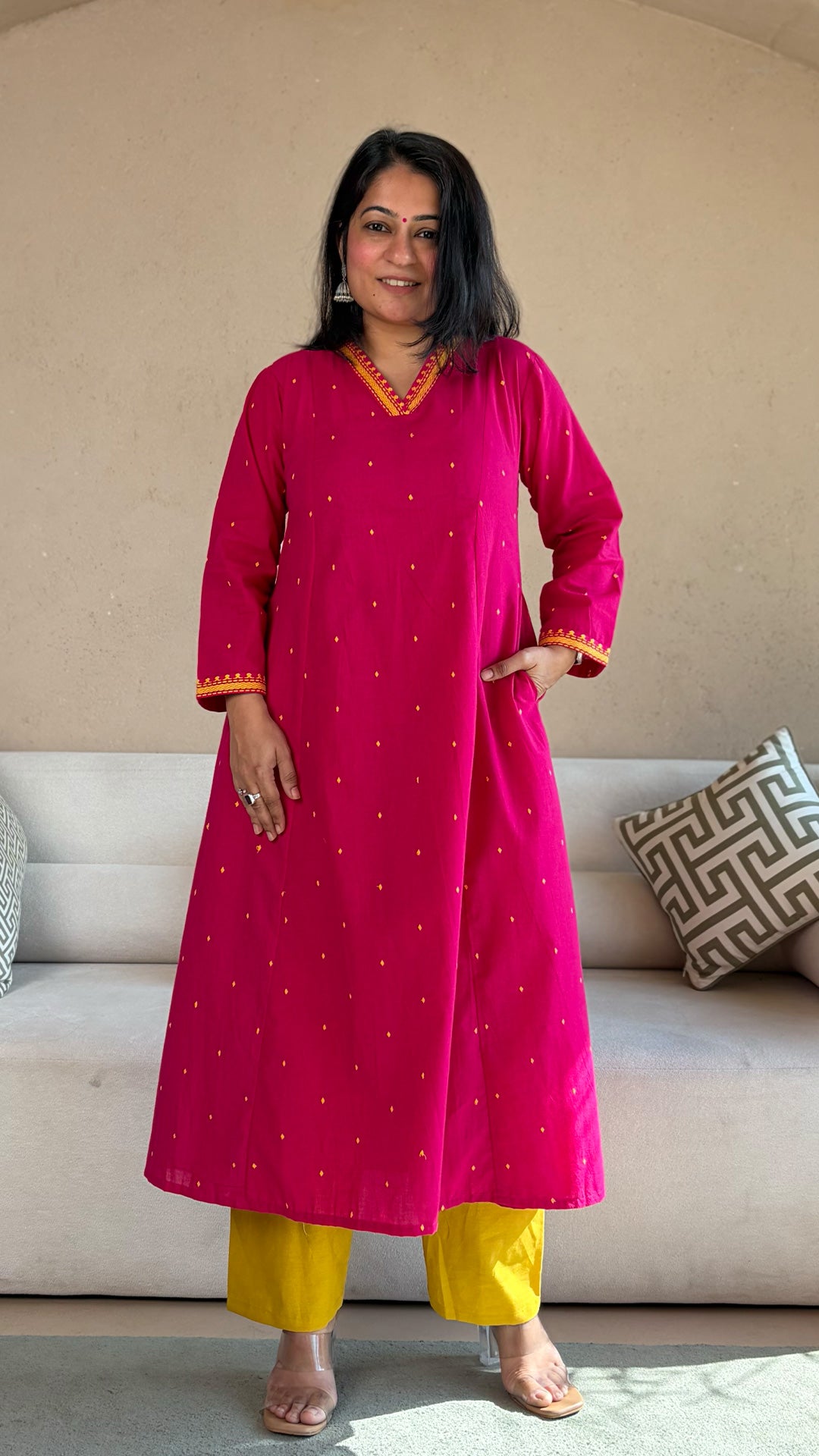 Mahira Bright Pink Hand Woven Cotton Kurta