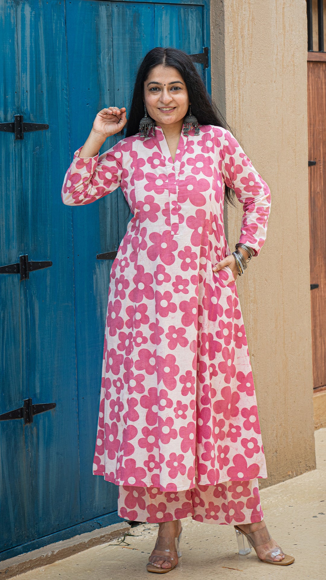 Aashna - Pink Floral Kali Kurta In Cotton